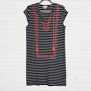 THML Navy Blue White Stripe Boho Stretch Knit Dress Coral Orange Embroidery M
